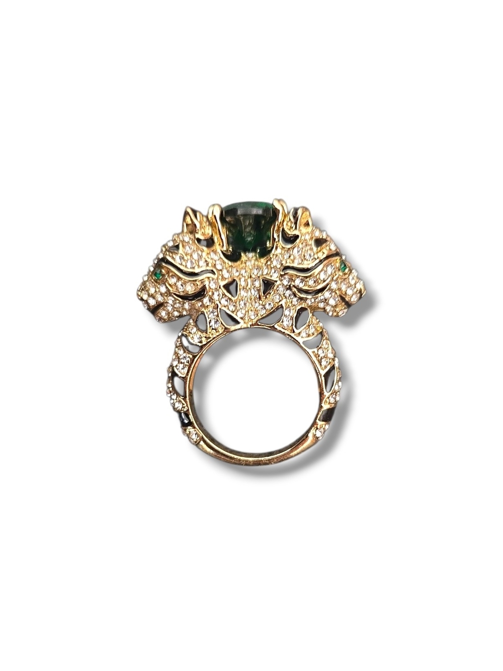 Tiger Head Pave Gold Tone Ring with Stunning Green Faceted Stone Accent Sz 7.75